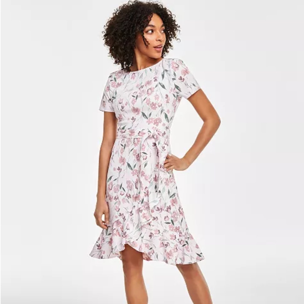 Women's Floral-Print Short-Sleeve Ruffle-Hem Dress